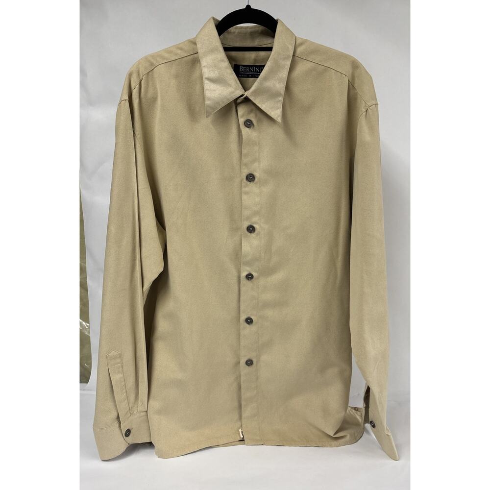 Vintage Bernini Italy Mens Tan Long Sleeve Button Down Shirt Polynosic Size XXL